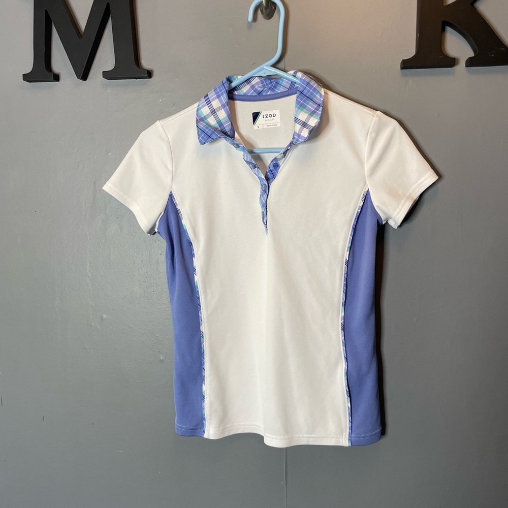 Izod Golf White Polo‎ with Lavender Trim and Blue Plaid Collar size small